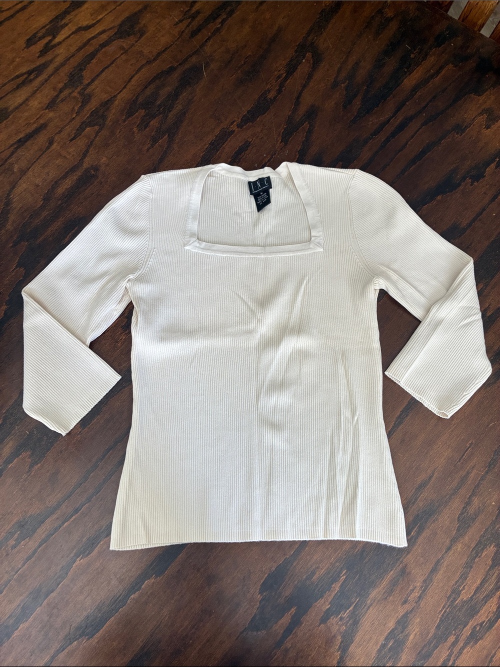 INC International Concepts Ivory Ribbed Square-Neck Long Sleeve Top